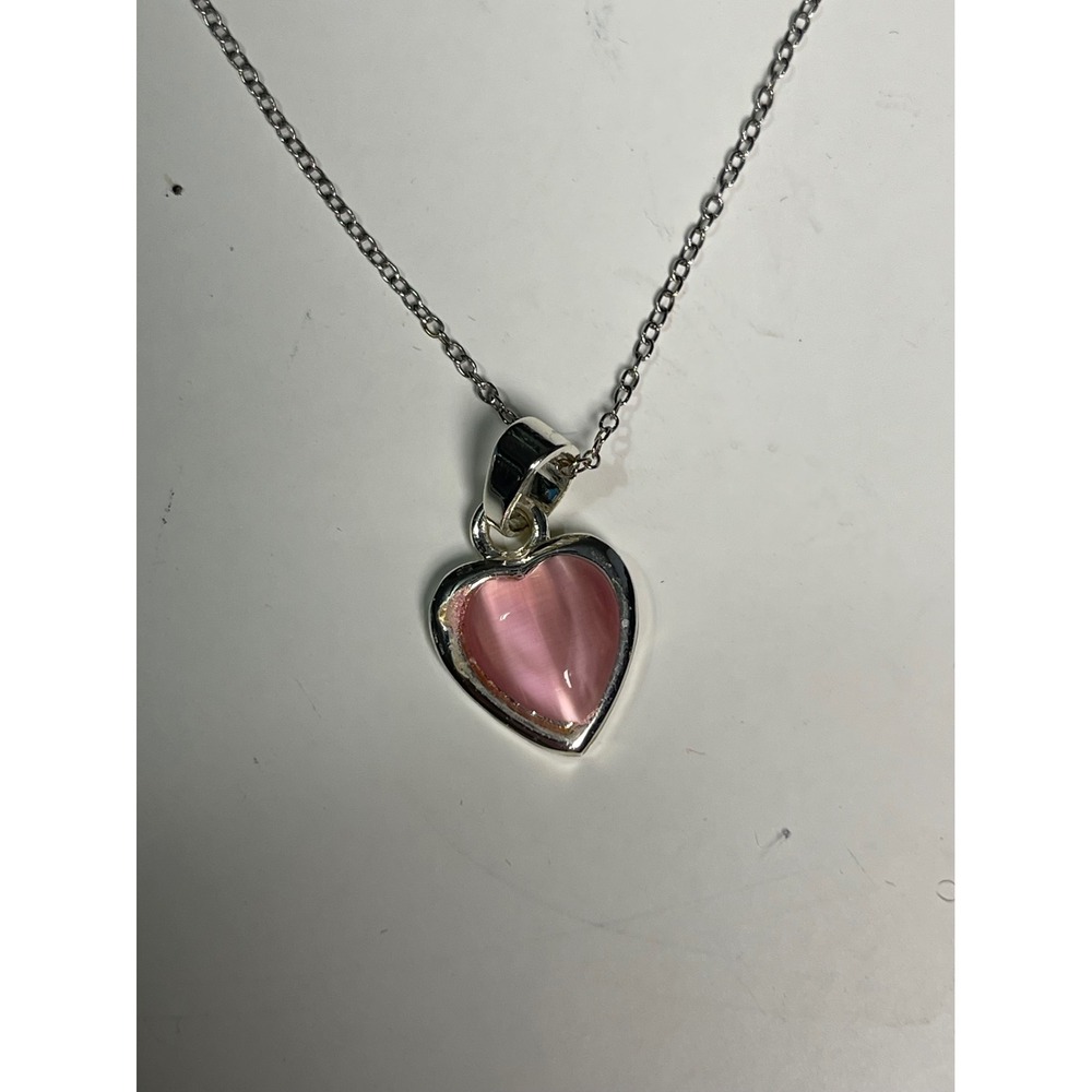 Sterling Silver 925 Italy Pink Cats Eye Heart Pendant Necklace IKA 1772 18 Inch